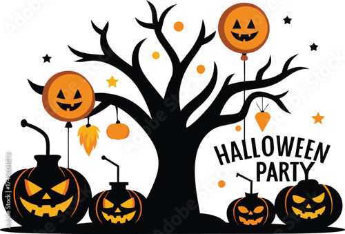 Halloween background with pumpkin, A vector art of Halloween night party invitation featuring pumpkin lanterns and spooky tree