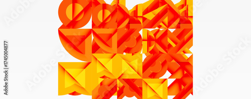 Abstract geometric shapes, vibrant orange hues dominate composition. Complex layering creates depth, texture. Modern design, visually striking.
