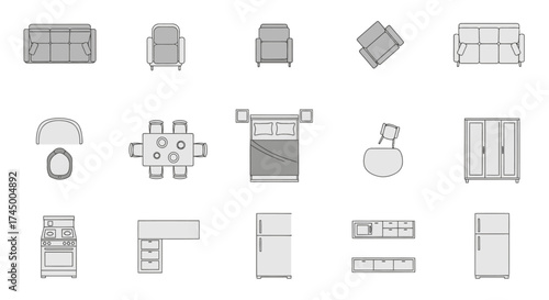 Vector illustration featuring top view furniture symbols for interior design planning, white background