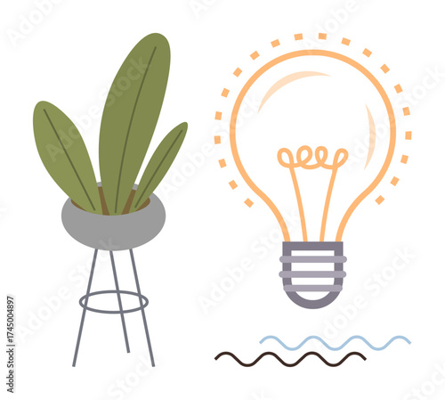 Potted plant on a stand alongside a glowing light bulb, complemented by simple wave lines. Ideal for creativity, innovation, green ideas, interior design, growth, sustainability, and energy themes