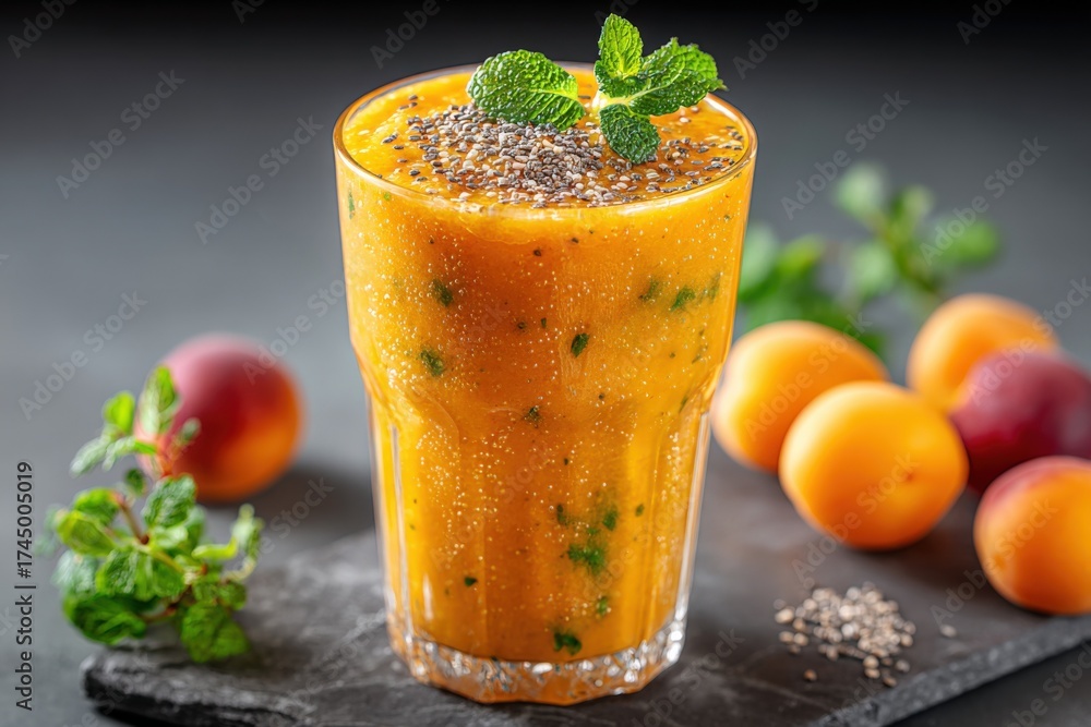 Fototapeta premium Apricot Smoothie in Glass with Chia Seeds and Mint Garnish on Dark Surface