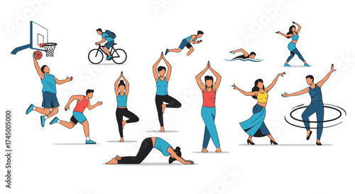 Stylized Vector Illustration of People in Various Activities like Sports, Yoga and Dancing, white background