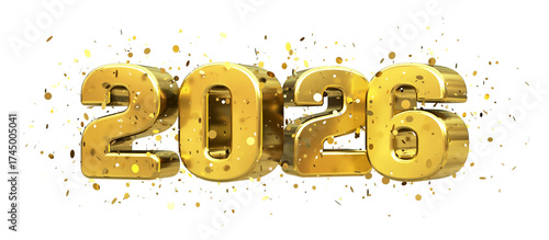 Golden 2026 Celebration with Confetti – New Year's Eve Festivities on a transparent background