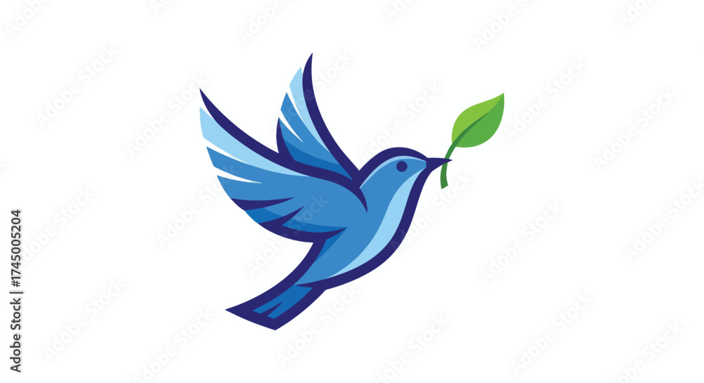 Fototapeta premium A stylized blue bird carrying a green leaf in its beak.