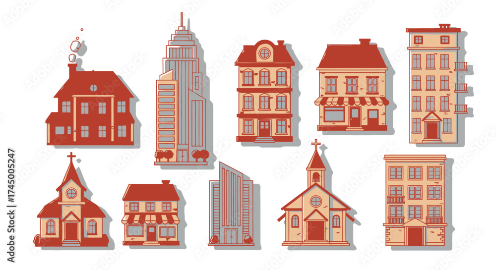 Fototapeta premium Collection of various vector buildings in a cartoon style isolated on a white background, white background