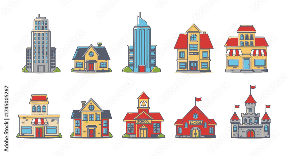 Fototapeta premium Collection of various vector buildings in a cartoon style isolated on a white background, white background