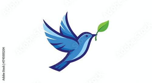 A stylized blue bird carrying a green leaf in its beak.
