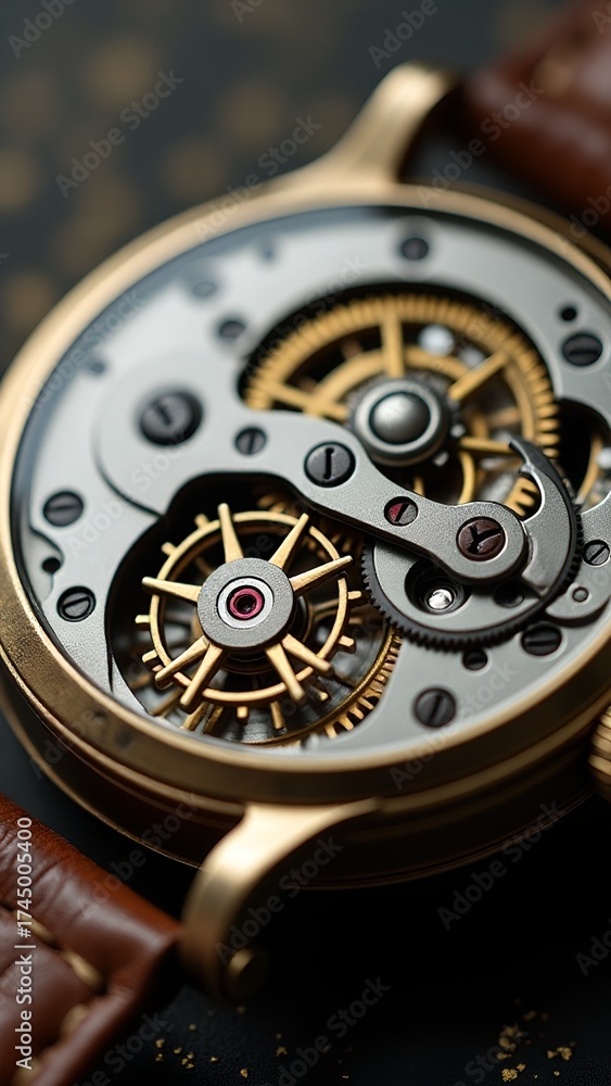 Fototapeta premium An extreme macro shot of the intricate inner mechanism of a vintage watch, with tiny gears and springs catching the light
