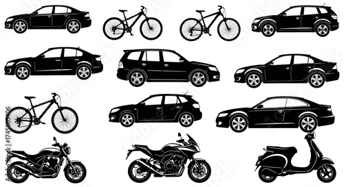 Transportation vector silhouettes featuring cars, bikes, motorcycles and scooters, white background