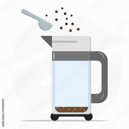 the concept of pouring coffee powder with a spoon into coffee shop teapot. Flat vector illustration for coffeeshop design.