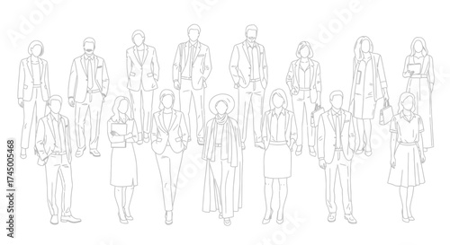 Architectural drawing style vector illustration of diverse business people in various poses and interactions, white background