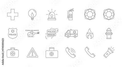 Emergency Icons vector illustration set in line style, editable stroke, on a white background, white background