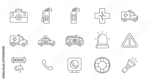 Emergency Icons vector illustration set in line style, editable stroke, on a white background, white background