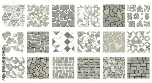 Vector patterns of different geometric shapes and stonework textures, white background