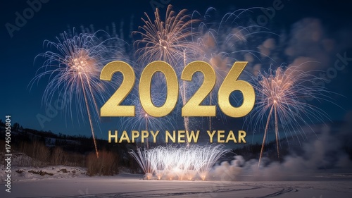 Enchanting winter wonderland 2026 new year scene with golden text and icy blue, silver, and gold fireworks