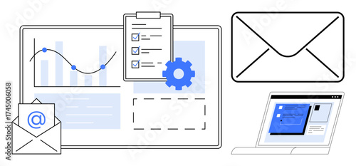 Email envelopes, bar graphs, checklist, gear, and laptop screen displaying chat. Ideal for business communication, productivity, email marketing, data analysis workflow optimization strategy