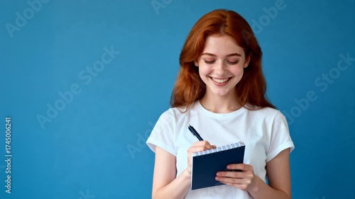 Happy young woman with red hair smiling while writing in a notebook.