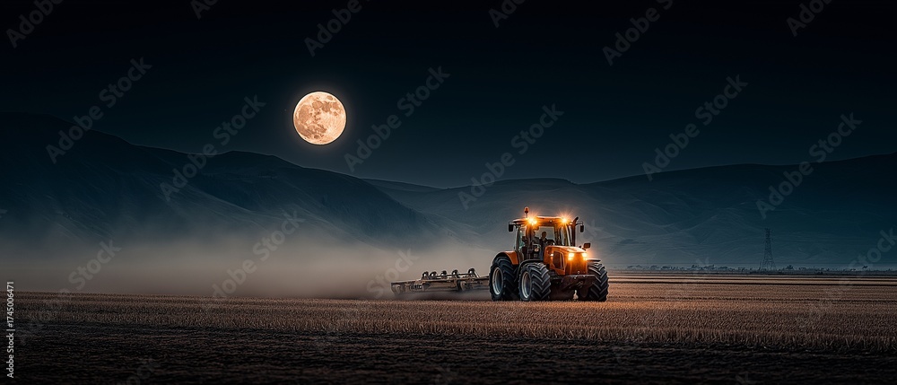 Fototapeta premium Nighttime Tractor Work in a Field Under a Full Moon