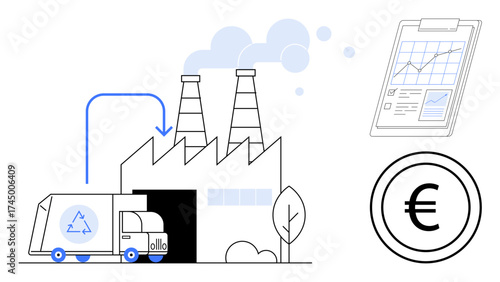 Recycling truck near factory, clipboard with rising graph, euro sign, smoke, and tree. Ideal for sustainability, recycling, environment economy growth industry business. Simple flat metaphor
