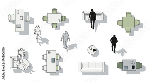 Architectural vector illustration of people and furniture elements from a top-down perspective, white background
