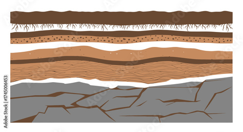 Vector illustration showing layers of soil, sediment and rock formation, white background