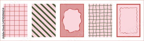 Retro whimsical Christmas backgrounds set with geometric grid, diagonal stripes, and playful hand-drawn frames. Festive colors for seasonal wrapping paper, invites, craft projects. Vector illustration