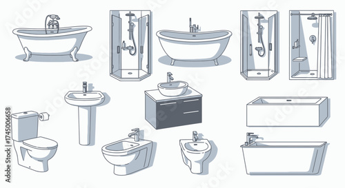 Vector illustration of various bathroom fixtures including bathtubs, showers, sinks, and toilets, white background