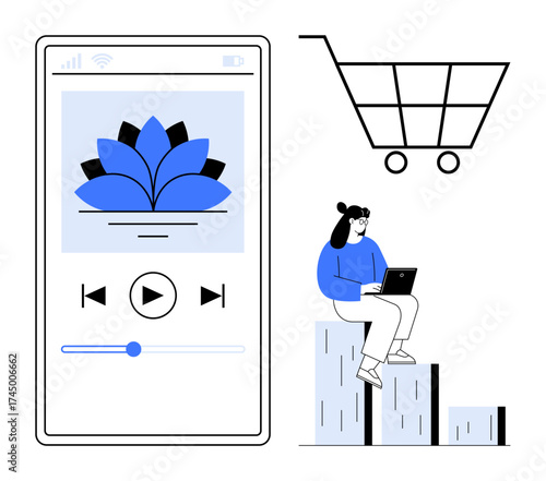 Smartphone app media player, user with laptop on bar graph steps, and shopping cart. Ideal for e-commerce, technology, online business, user behavior, growth media digital interaction. Simple flat