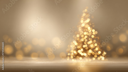 Defocused christmas tree with golden bokeh light with empty space for abstract festive background.