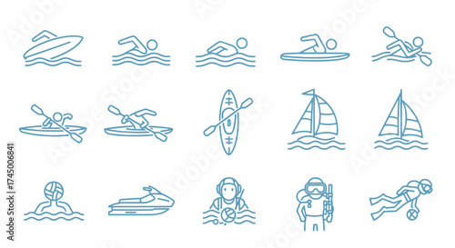Editable stroke vector illustration of water sports icons in blue, white background