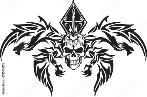 Tribal Skull Wings Emblem Vector Illustration

Dark Tattoo Style Skull with Geometric and Tribal Wings Graphic

Black and White Aggressive Biker Tattoo Design