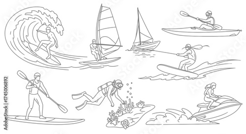 Vector illustration of various water sports activities in outline style, white background