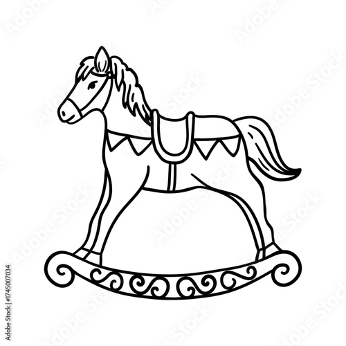 Playful vintage rocking horse. Hand drawn illustration in line style.