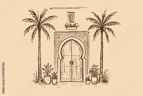 Oriental arched door with palm trees sketch vector illustration