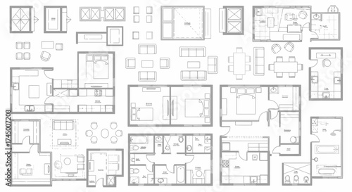 Architectural floor plan symbols in top view for interior design layout, white background