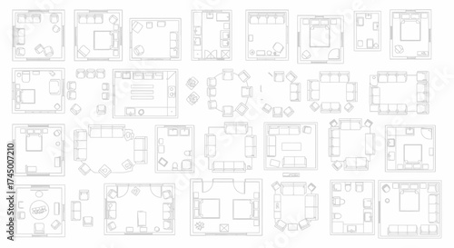 Vector illustration showcasing an overhead view of furniture floor plan symbols, ready for architectural design, white background