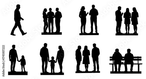 Architectural silhouettes of people in various poses, perfect for adding scale and life to design projects, white background
