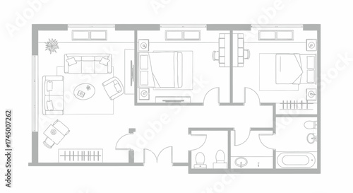 Vector illustration of a floor plan with top view furniture and bathroom fixtures, white background