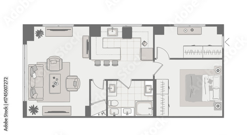 Vector illustration of a floor plan with top view furniture and bathroom fixtures, white background