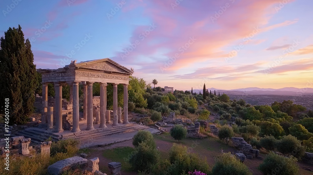 Obraz premium Ancient Ruins at Sunset with Dramatic Skies Overlooking a Scenic Landscape in Greece