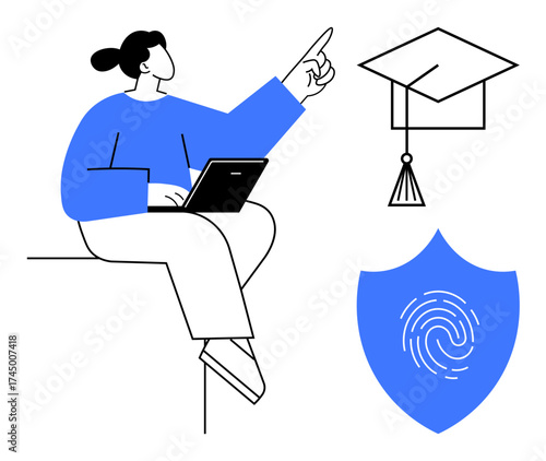 Woman sitting with laptop and pointing towards a graduation cap and thumbprint shield. Ideal for education, e-learning, graduation, online identity, data protection, knowledge sharing, digital