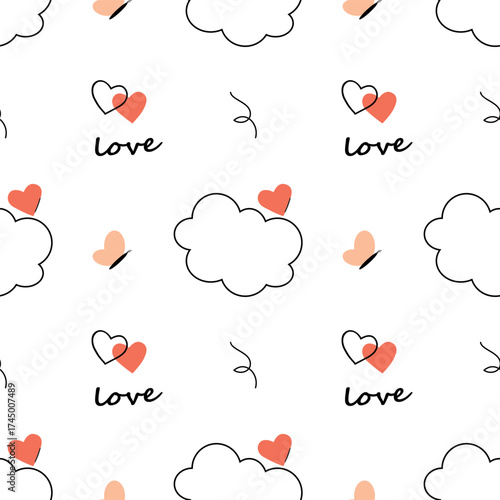 Seamless Print with red hearts and butterflies