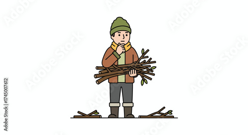 Young boy in winter clothes gathering firewood for warmth.