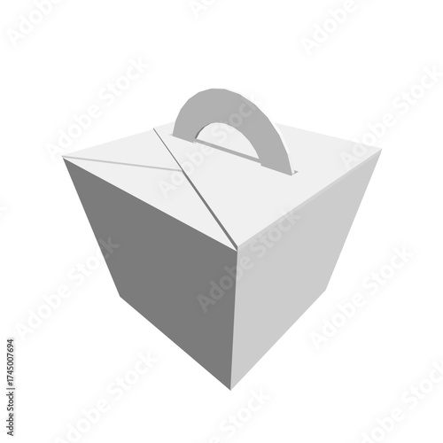 Polygonal white container with handle stands ready for food packaging. Animated 3D render on clean white background suggests filling possibilities.