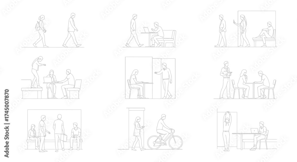 Obraz premium Architectural drawing outlines of people in different activities, line art vector illustration, white background