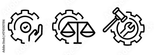 Icon ethical principles in manufacturing and industry gears with scale of justice and gavel with wrench representing concepts of responsible production fairness and legal regulation in industrial