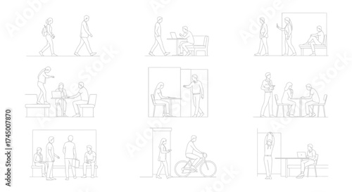 Architectural drawing outlines of people in different activities, line art vector illustration, white background