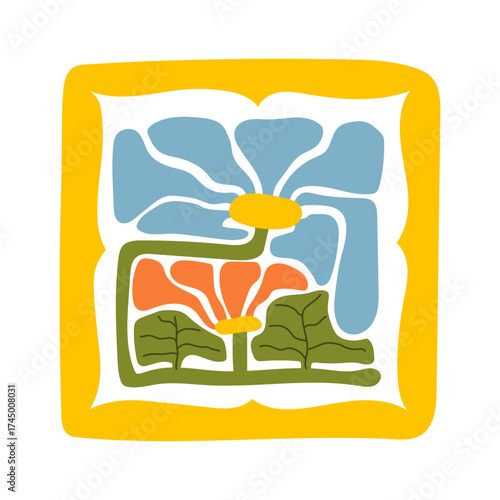 Hand-drawn colorful floral element in a decorative square frame with circular details. Abstract flower petals and leaf design. Perfect for scrapbooking, crafts, textile design, digital art, and decor.