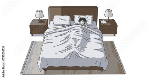Architectural vector illustration showing people in a living room and bedroom setting from a top-down perspective, white background