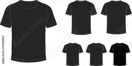 Black t-shirt silhouettes, apparel mockup set, front and back views, fashion vector design, clothing illustration, wardrobe basics, plain shirt icons